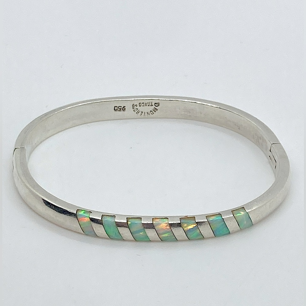 Vtg Montero Taxco 950 Silver & Simulated Fire Opal Pinch Bracelet | 6.9”C | 2”D